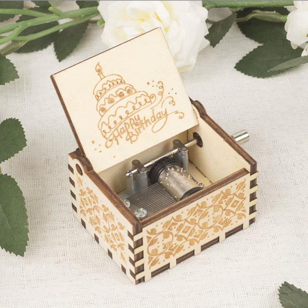 Happy Birthday Projection Proyektor Mini Ulang Tahun Happy Birthday Projector Kotak Musik ANPRO Antik Wooden Vintage Music Box Engraving Elegan Souvenir Kado