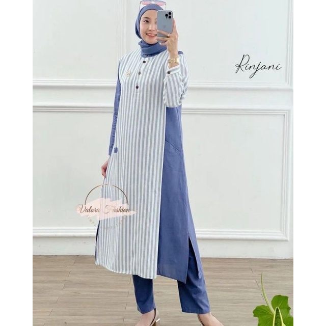 Rinjani Set Blue / Setelan Tunik Kekinian / Set Tunik + Celana / Long Tunik + Celana Semi Kulot / Tu