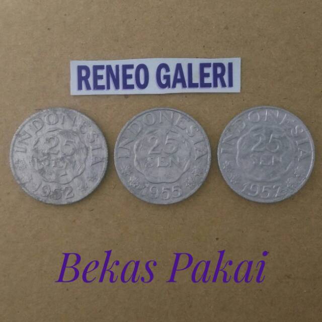 Set tahun Lengkap 25 Sen Aluminium 1952-1955-1957 Indonesia paket isi 3 koin emisi uang kuno bekas