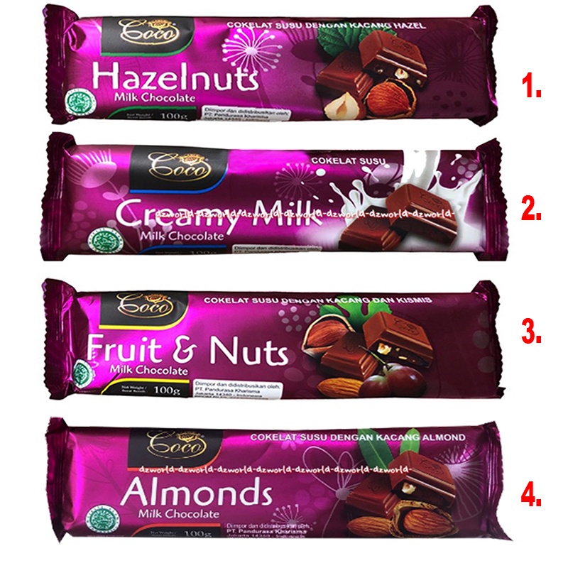 Coco 100gr Hazelnut Creamy Milk Fruit &amp; Nut Almond Milk Chocolate Coklat Batang Cokelat Isi Kacang Hazel Coklat Susu Cokelat Halal MUI