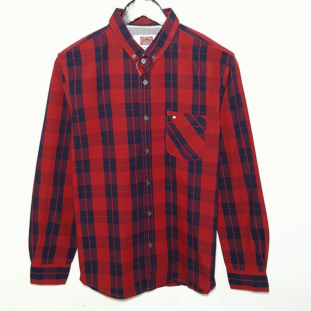 Kemeja Pria Lengan Panjang Kotak Kotak Merah Biru