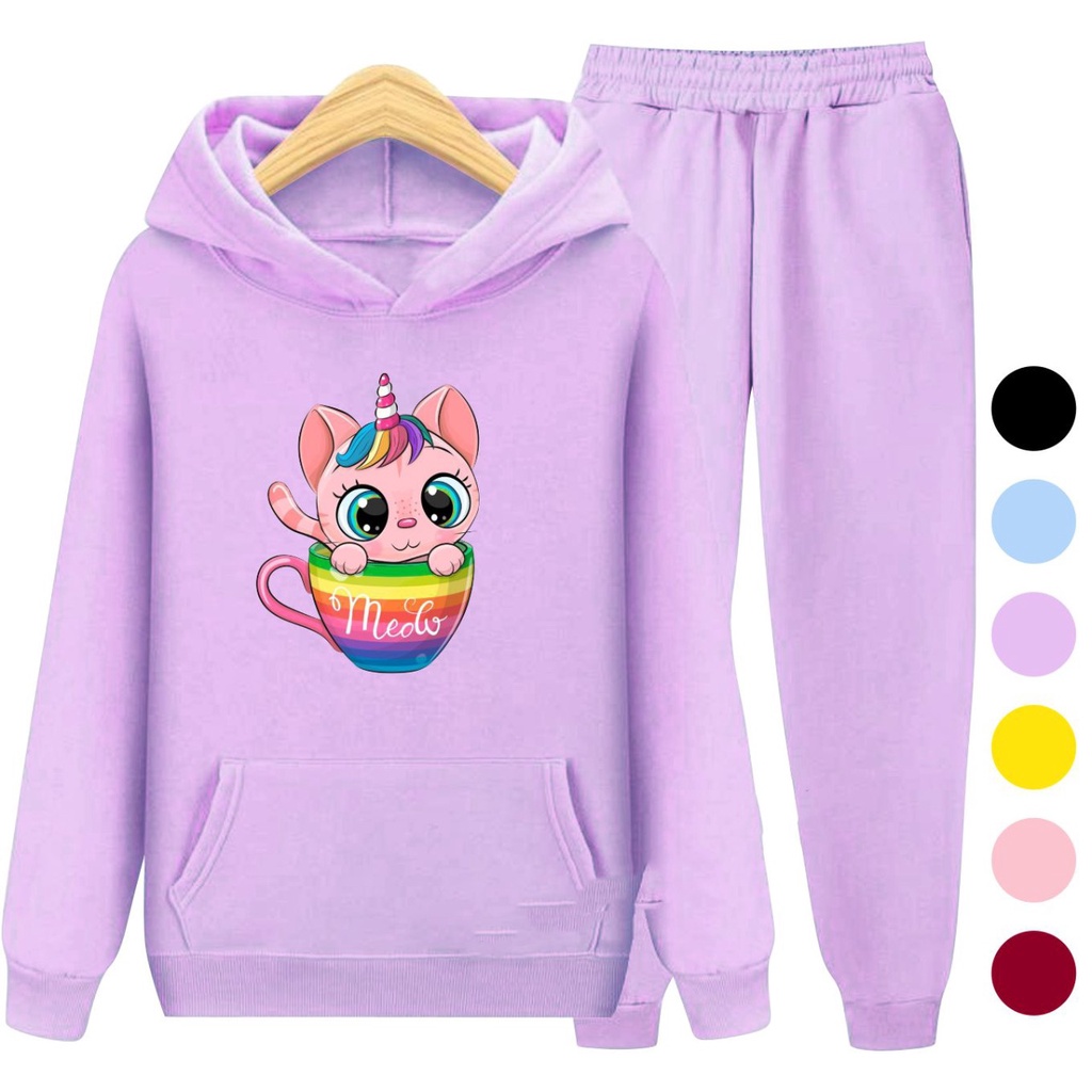 Setelan Anak Sweater Hoodie CAT MEOW / Set Anak Perempuan Baju Jaket Anak Cewek