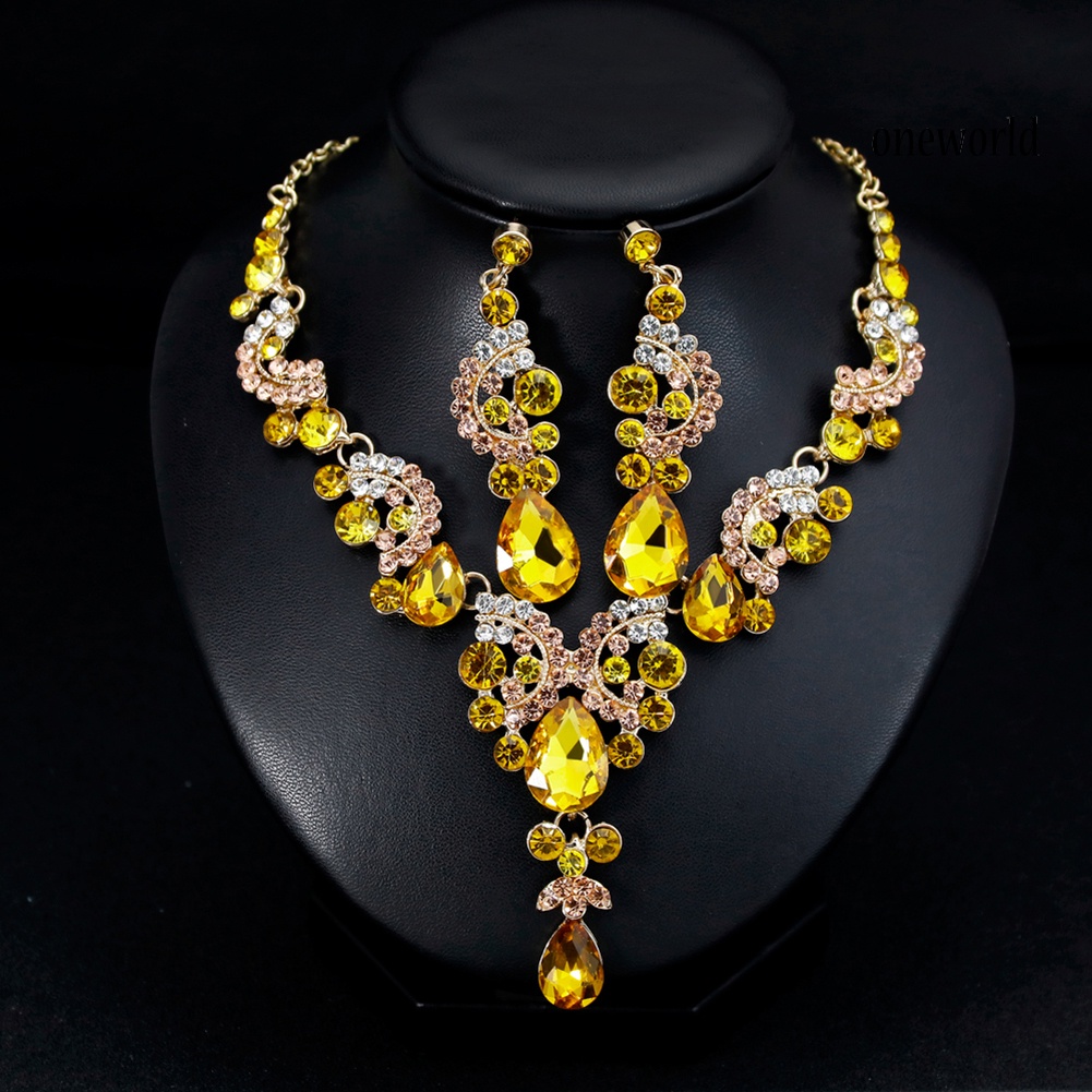 OW@ Women Jewelry Set Elegant Rhinestone Teardrop Pendant Wedding Necklace Earrings