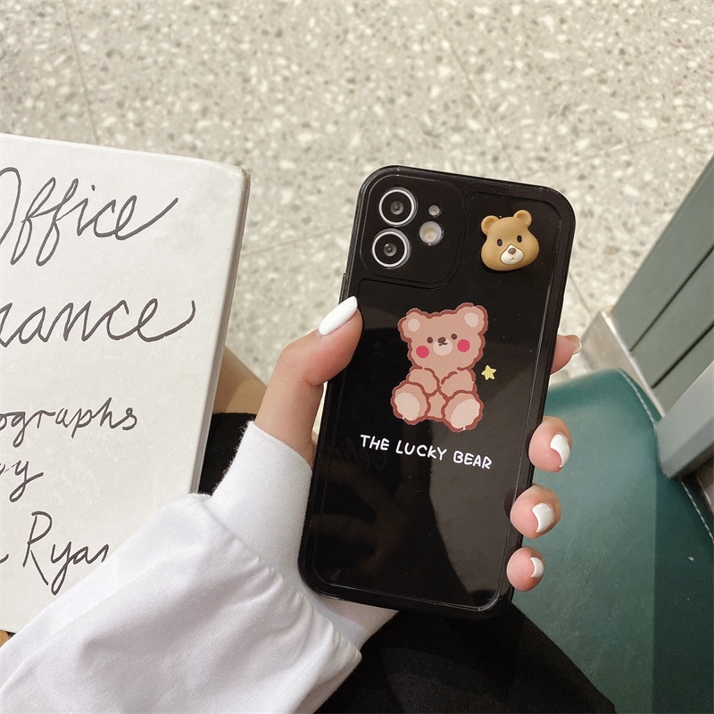 IPHONE 3d Rotatable Bear Couple Phone Case Cover Kartun Pelindung Lembut Untuk Iphone7 8 PLUS X XR XS 11 12 13 PRO MAX SE 2020