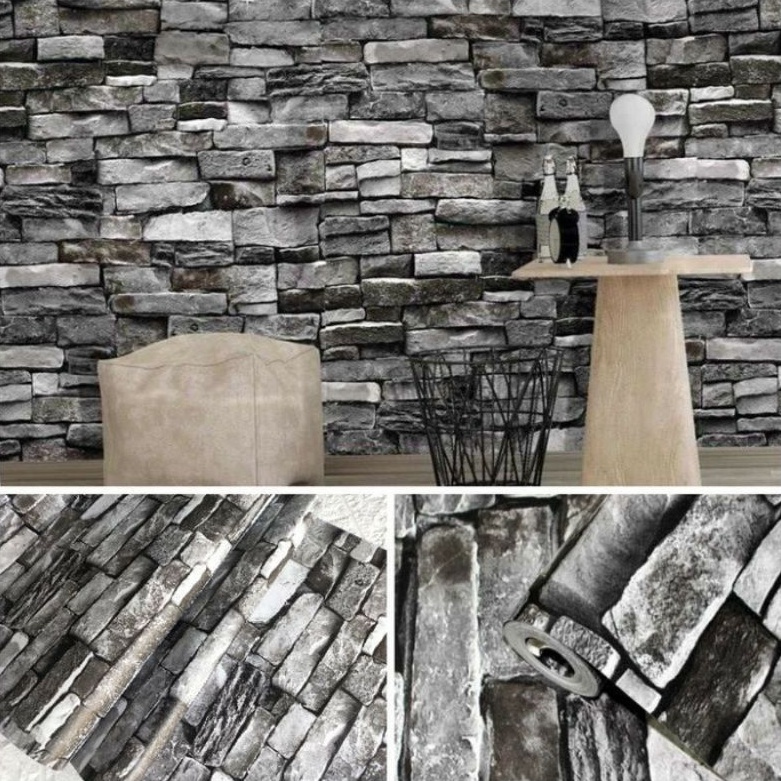 Wallpaper Dinding Batu Sticker Dinding Batu-bata Abu-abu Hitam