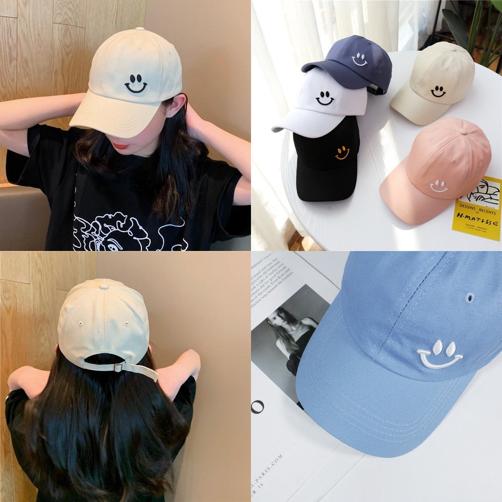 Topi Baseball Motif Bordir Wajah Tersenyum Bahan Breathable Lembut Warna Khaki Hitam Putih Pink Biru Untuk Wanita