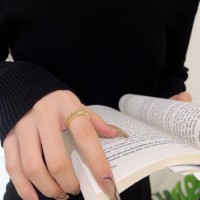 Cincin Berlian Mutiara Double layer Model Terbuka Adjustable Untuk Wanita