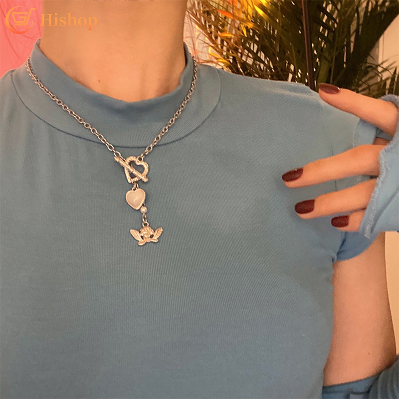 Korean Style Necklace Angel Pendant Heart OT Buckle Elegant Chain Women Fashion Accessories