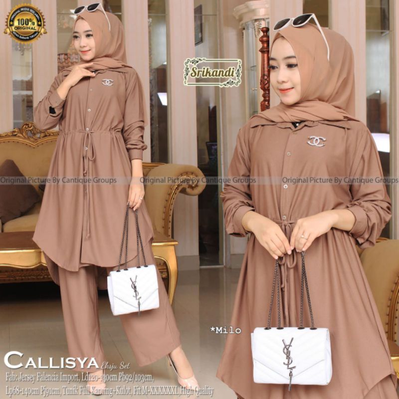 Callisya Set Pakaian Wanita Setelan Tunik Full Kancing+Kulot Fab Jersey Falencia Import High Quality