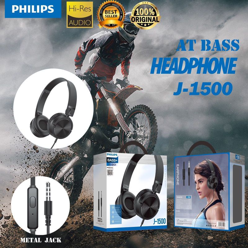 Headphone Headset Bando Philips + MIC J-1500 Stereo Bass J 1500