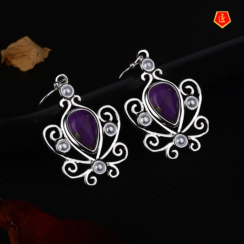 [Ready Stock]Retro 925 Silver Inlaid Charoite Earrings