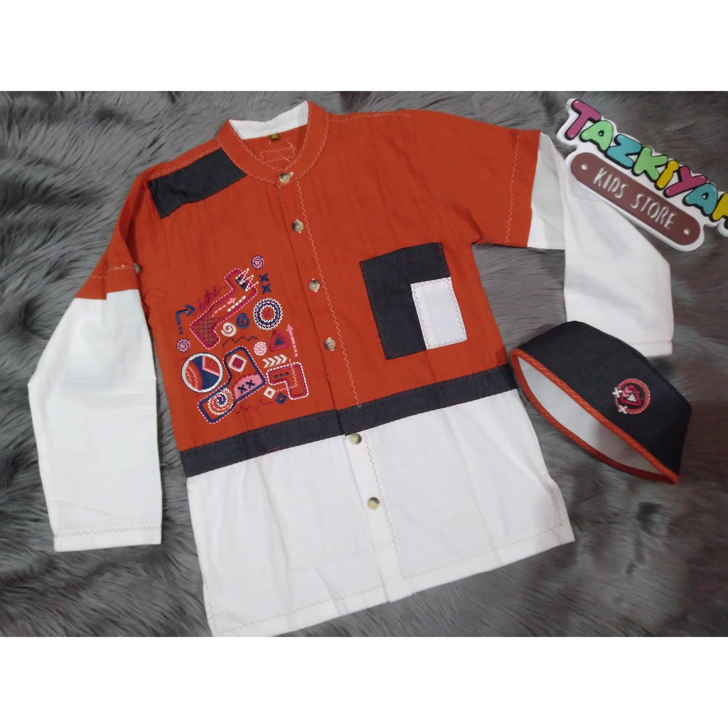 Busana Muslim Set Koko Anak Laki-Laki Keke Orange Black Size 10