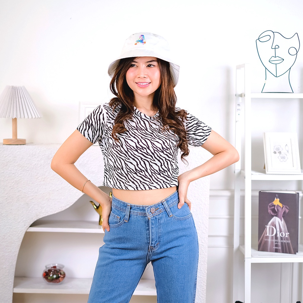 Tq88indonesia FashionBaju Atasan Wanita Lengan Pendek Zebra Crop Top / Busana Santai Cewek / Ootd / Outfit / Outfit