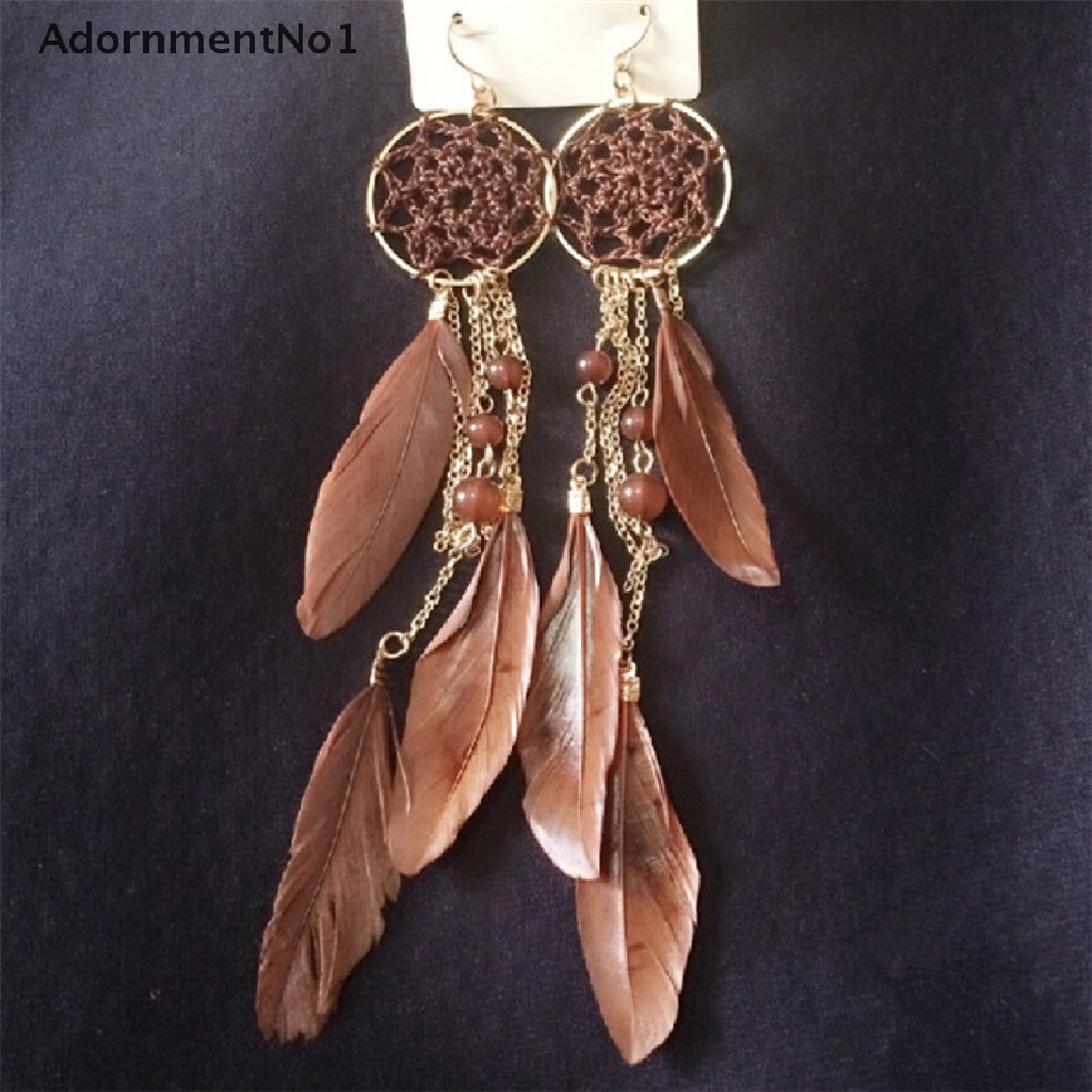 (AdornmentNo1) Anting Gantung Panjang Kait Gaya Etnik Bohemia Motif Dream Catcher Aksen Bulu + Manik-Manik Untuk Wanita