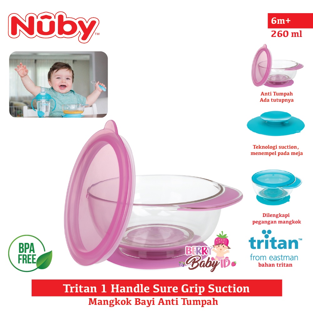 Nuby Tritan Sure Grip Suction Bowl One Handle Mangkok Makan Bayi 6m+ Berry Mart