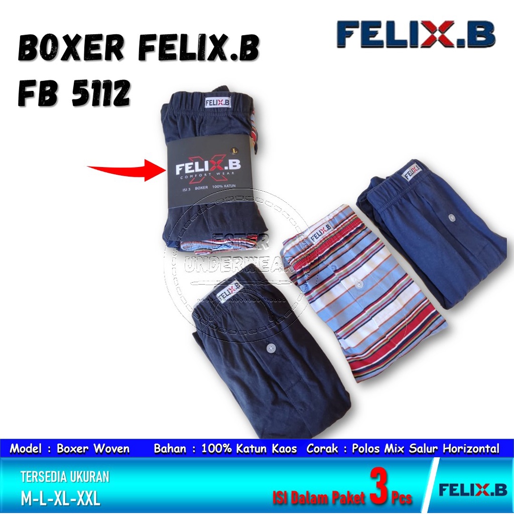 Felix.B Celana Boxer Pria FB 5112 ISI 3Pcs Motif Polos