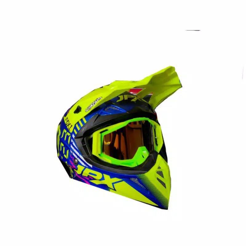 Helmet Jpx fox1 blue fluo + kacamata google croos 100%