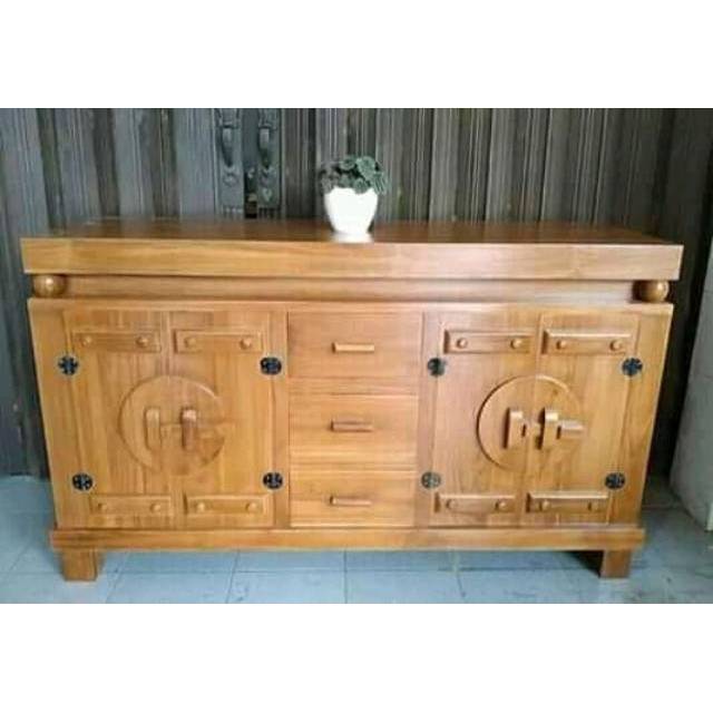 Bufet jati Jepara perhutani grade A terbaik kabinet lemari pintu buka tutup 2 kunci laci 3 minimalis