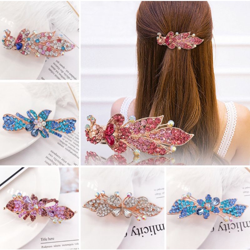 Jepit Rambut Otomatis Korea 9cm Elegan Jedai Besi Alloy Jepit Ponytail PREMIUM Kristal Mutiara Rhinestone Elegant Barrette Hair Clip