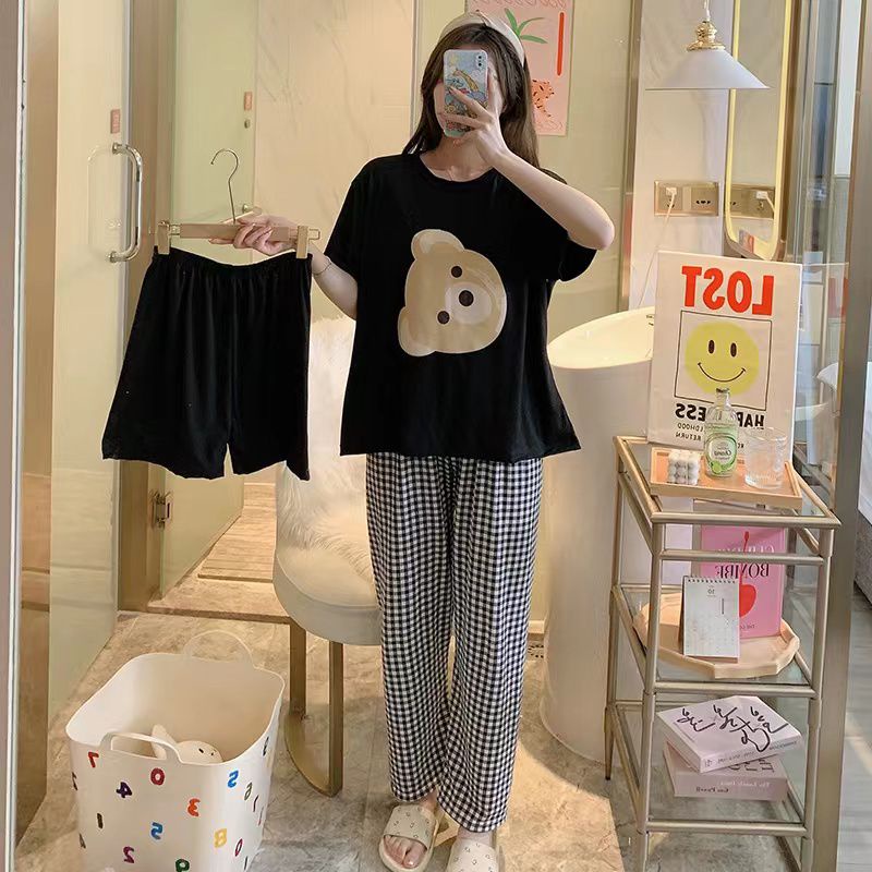 AJW Shop Piyama 3in1 | Piyama Import Dewasa | Setelan Wanita Kekinian | Baju Tidur Wanita Dewasa-Bear Hitam