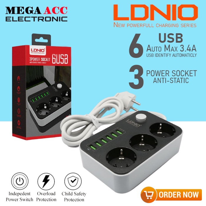 Charger LDNIO 5V 3.4A Desktop 3 Power Socket 6 USB Port (High Quality)