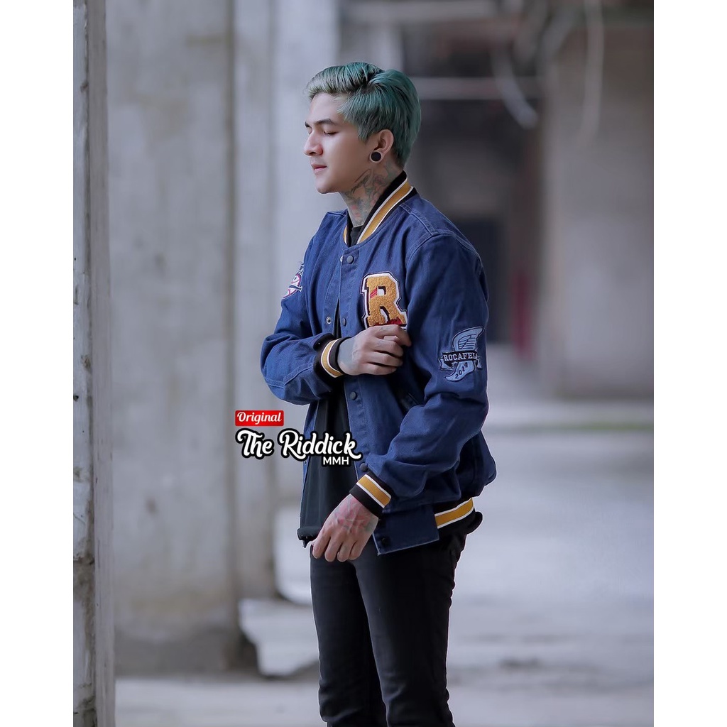 RECOFELA Jaket Bomber Denim Pria Full Bordir