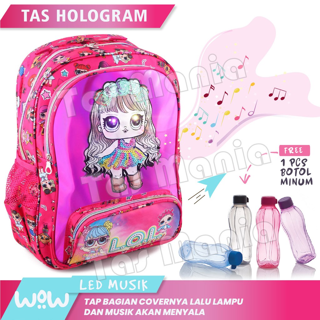 Tas Ransel Anak Perempuan Karakter LOL SURPRISE - Tas Ransel Hologram LED-AURORA - FREE BOTOL MINUM
