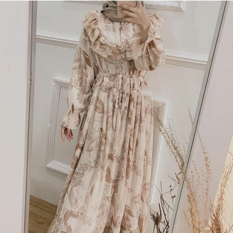 GAMIS MAXI DRESS RAYON PREMIUM LD 100 - 110 HOMEYDRESS BUSUI BAJU GAMIS SERAGAM MOTIF TERBARU V.2-SAUDIA CREAM DRESS