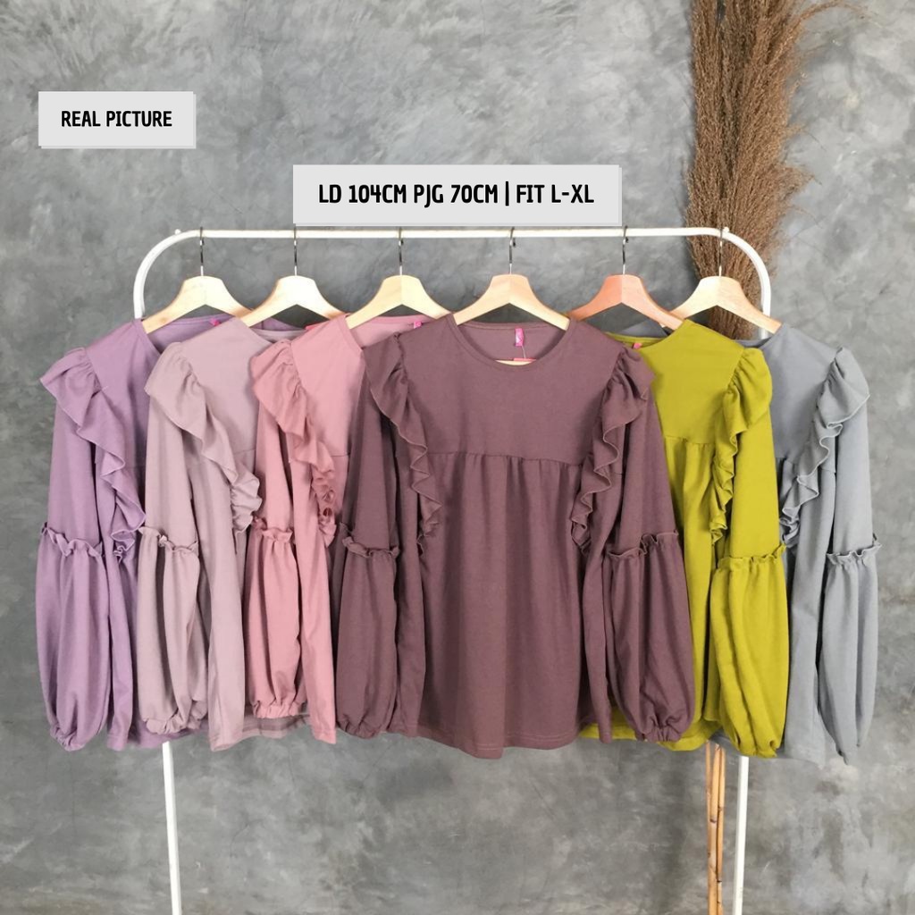 Blouse Wanita Lengan Panjang Kekinian Rumbai Gina LD 106cm Pjg 70cm FIt XL-XXL-Cokelat Tua