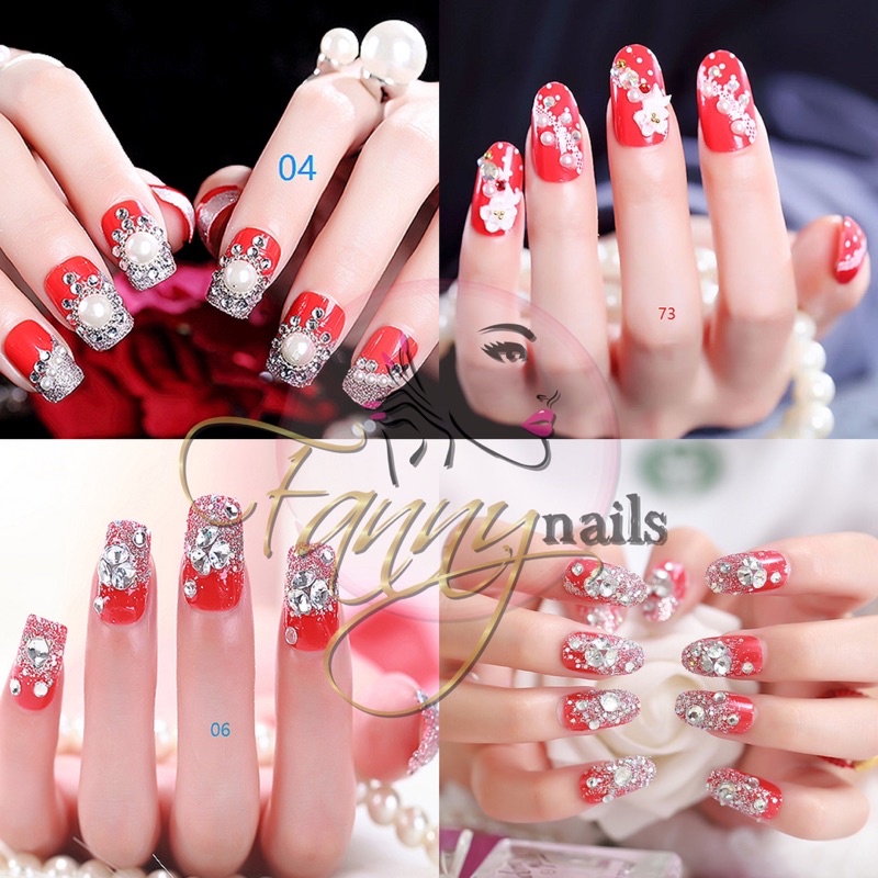 24PCS RED WEDDING FAKE NAILS KUKU PALSU MERAH PERNIKAHAN KUKU PALSU RHINESTONE PEARL 3d wedding