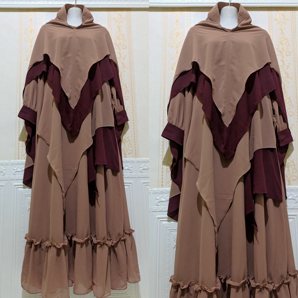 Gamis syari ceruty set khimar Gamis wanita remaja ibu ibu jumbo mewah Gamis terbaru kekinian-Coklat mix marun