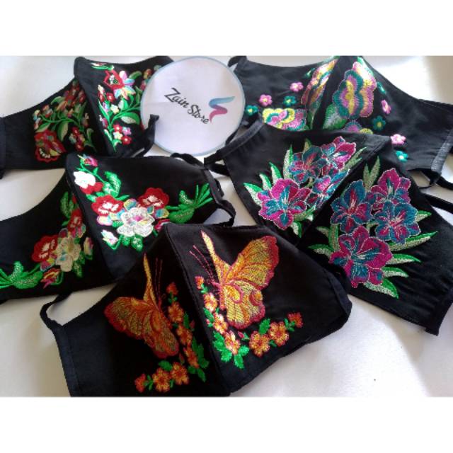  Masker  Kain  Bordir  Motif  Bunga  Tali Headloop Masker  