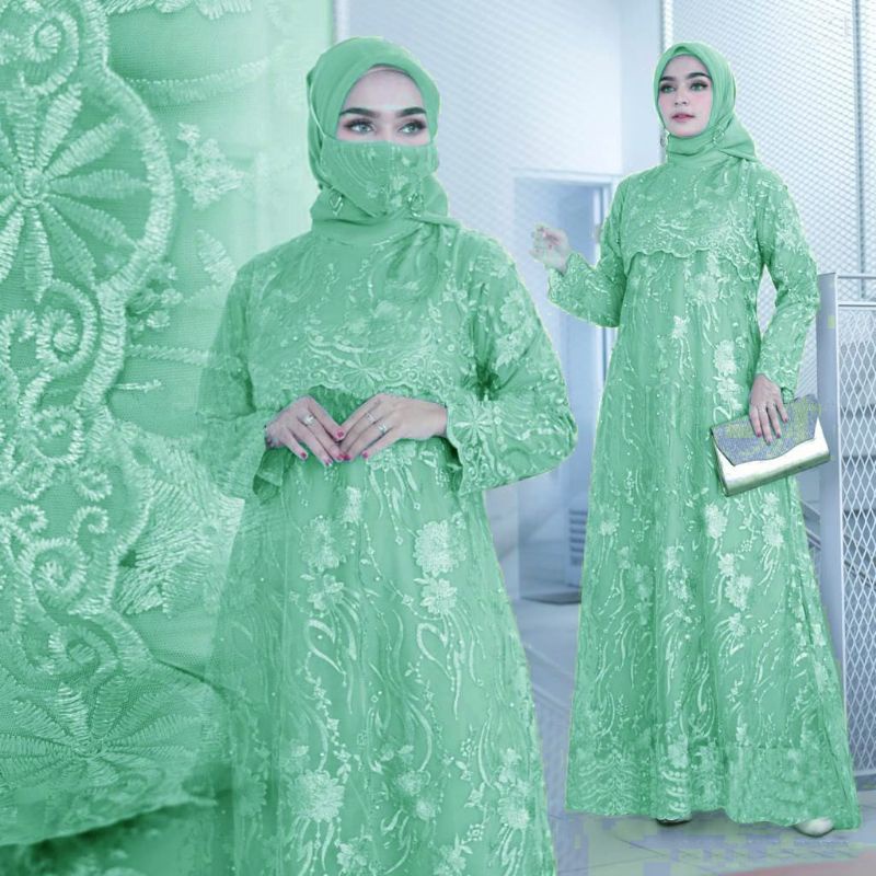 (NEW) SONATA - Baju Gamis Full Brukat Brokat Remaja Wanita Perempuan Ibu Muslim FREE PLUS Masker Uku