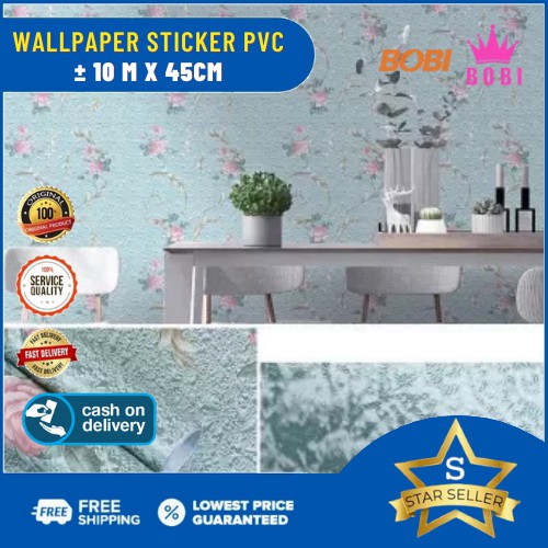 Wallpaper Sticker Motif Bunga dasar biru keabuan 6055-1 / Ukuran 9mx45cm