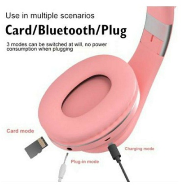 Headphone Gaming Bluetooth Wireless Cat Ear Headphone Kucing LED Wireless Stereo Bass Headphones