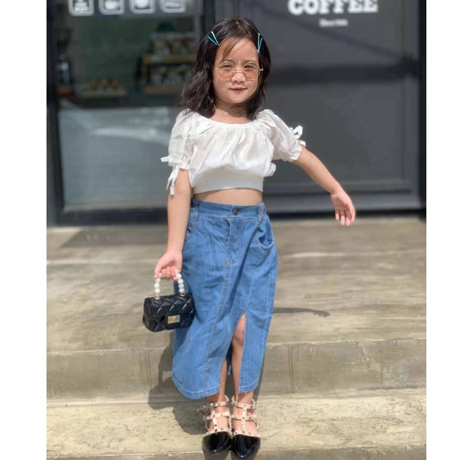 SSP5-Setelan Set Anak Remaja Besar Tanggung Perempuan Crop Top + Rok Jeans SABRINA