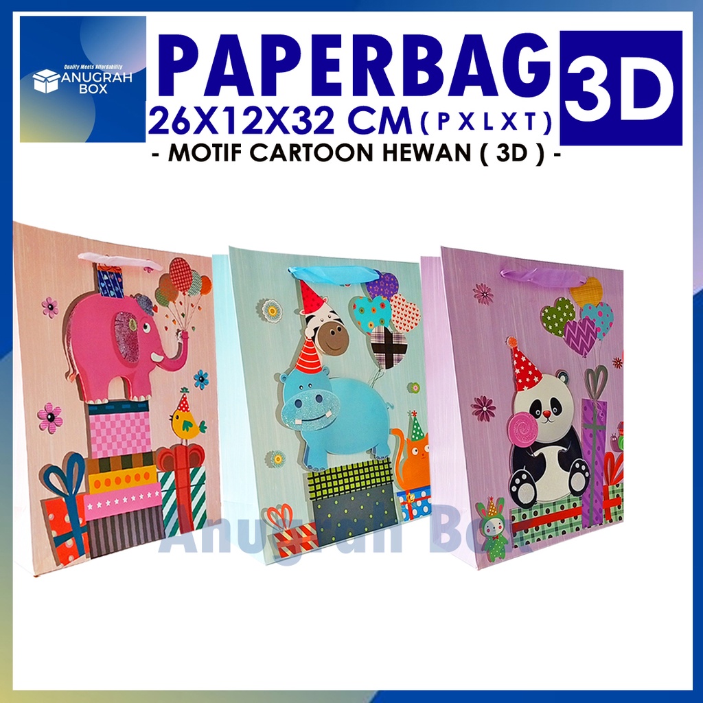 

Paperbag Paper Bag Kantong kertas 3D Aneka motif animal 26x12x32cm tebal import untuk kado,goodiebag