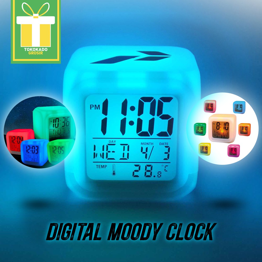  Jam  Weker  Alarm Moody Clock Kubus Berubah 7 Warna Pengukur 