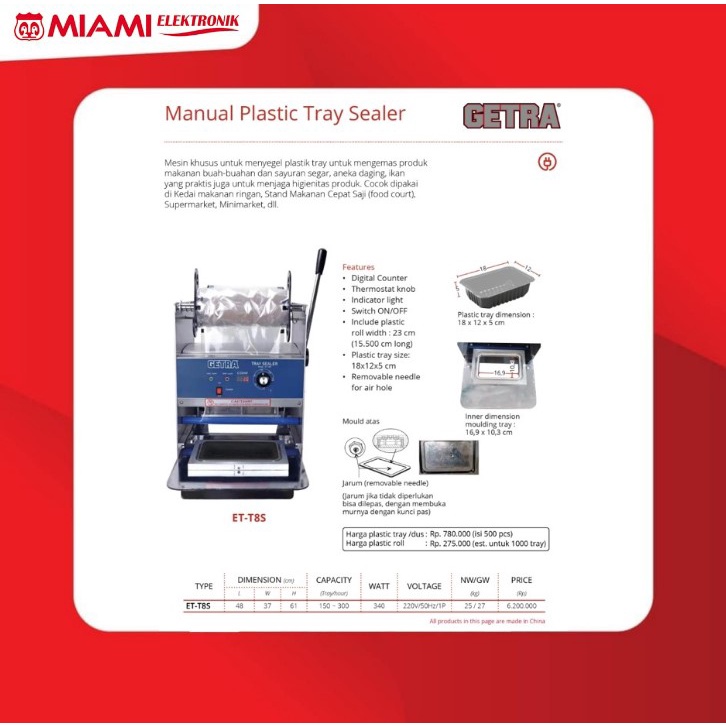 GETRA Manual Plastic Tray Sealer ET-T8S / ETT8S