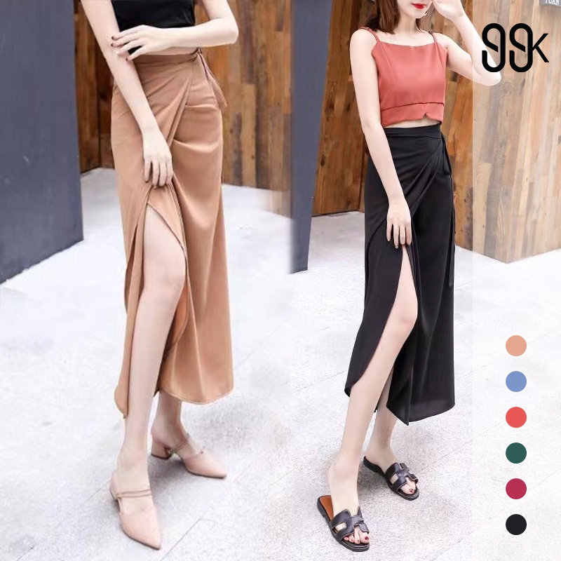 Casual Midi A-line Rok Ribbon Plain Wrap Skirt Rok Panjang Lilit Pita C906