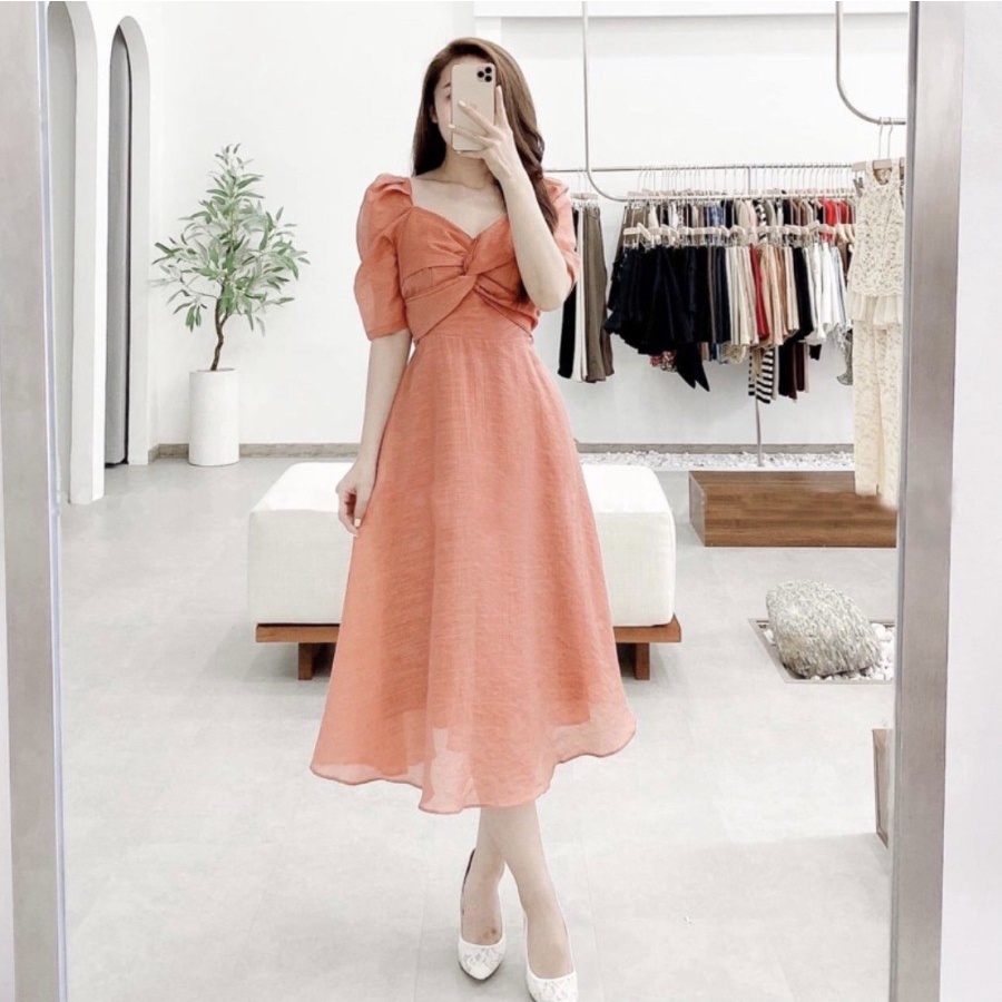 CASUAL OFFICE MIDI PARTY DRESS WITH FURING KOREAN STYLE NEW ARRIVAL