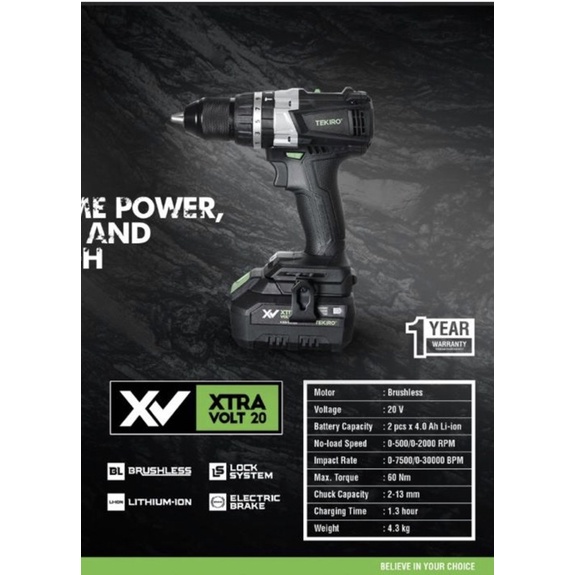 Mesin Bor Pukul Tanpa Kabel 13 mm HEAVY DUTY 20V Baterai Lithium Ion - Cordless Hammer Drill TEKIRO