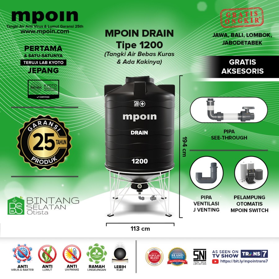 MPOIN TANGKI TOREN TANDON AIR  KIMIA PAKAI KAKI 1100LTR SNI GARANSI