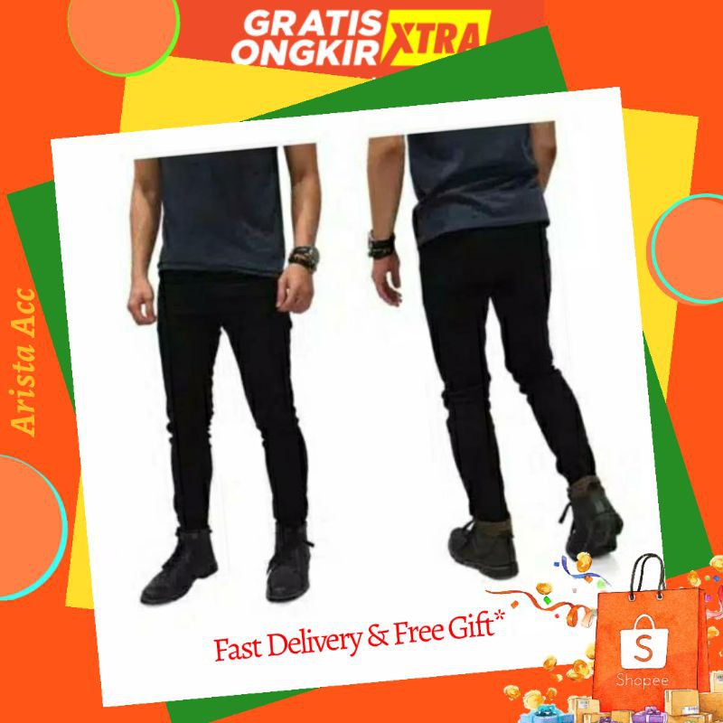 Plain black pekat long pants jeans celana panjang stretch ngaret karet bagus / celanapria / bisa cod