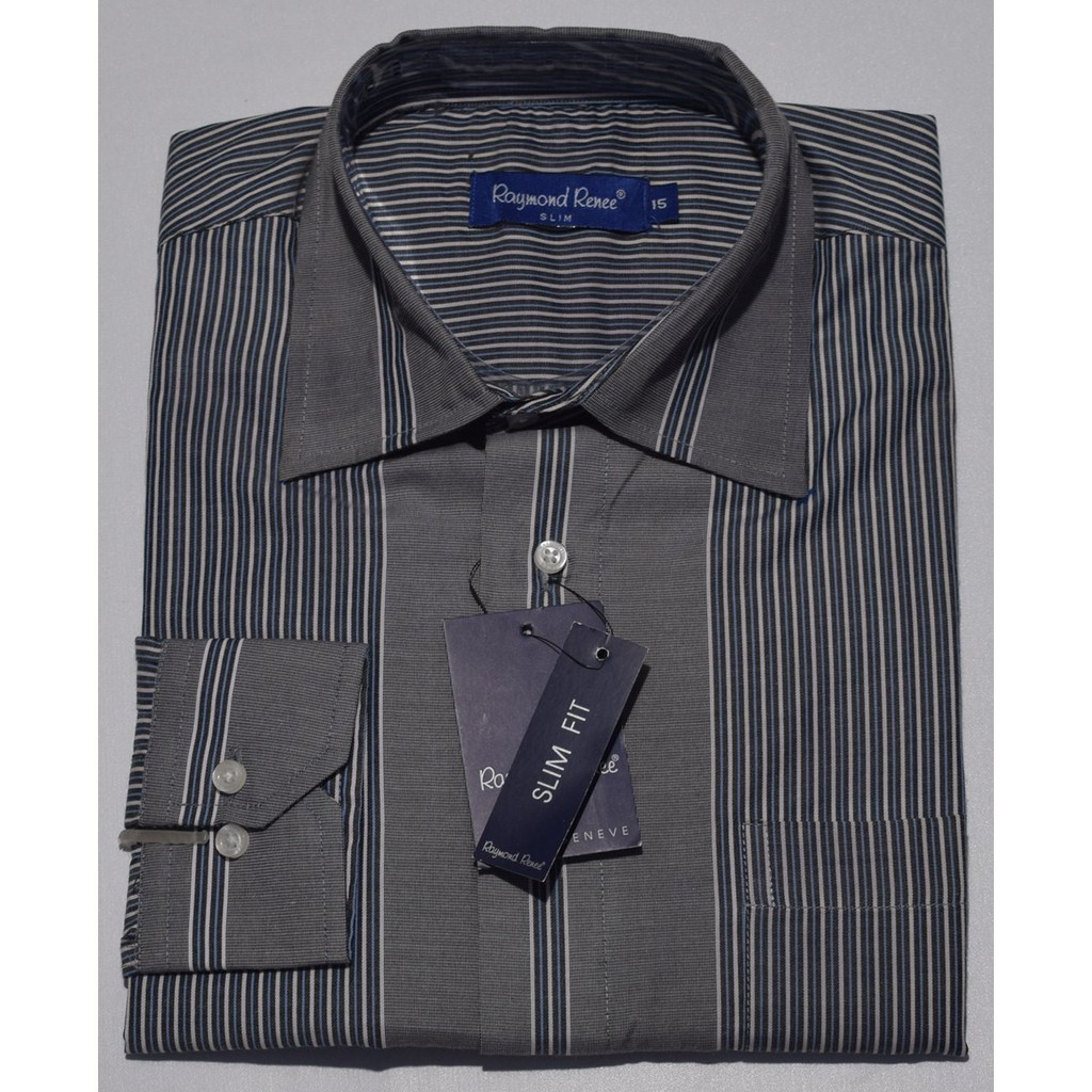 Kemeja Pria RAYMOND RENEE Lengan Panjang Abu Salur Slim Fit A0542 Original & Real Picture
