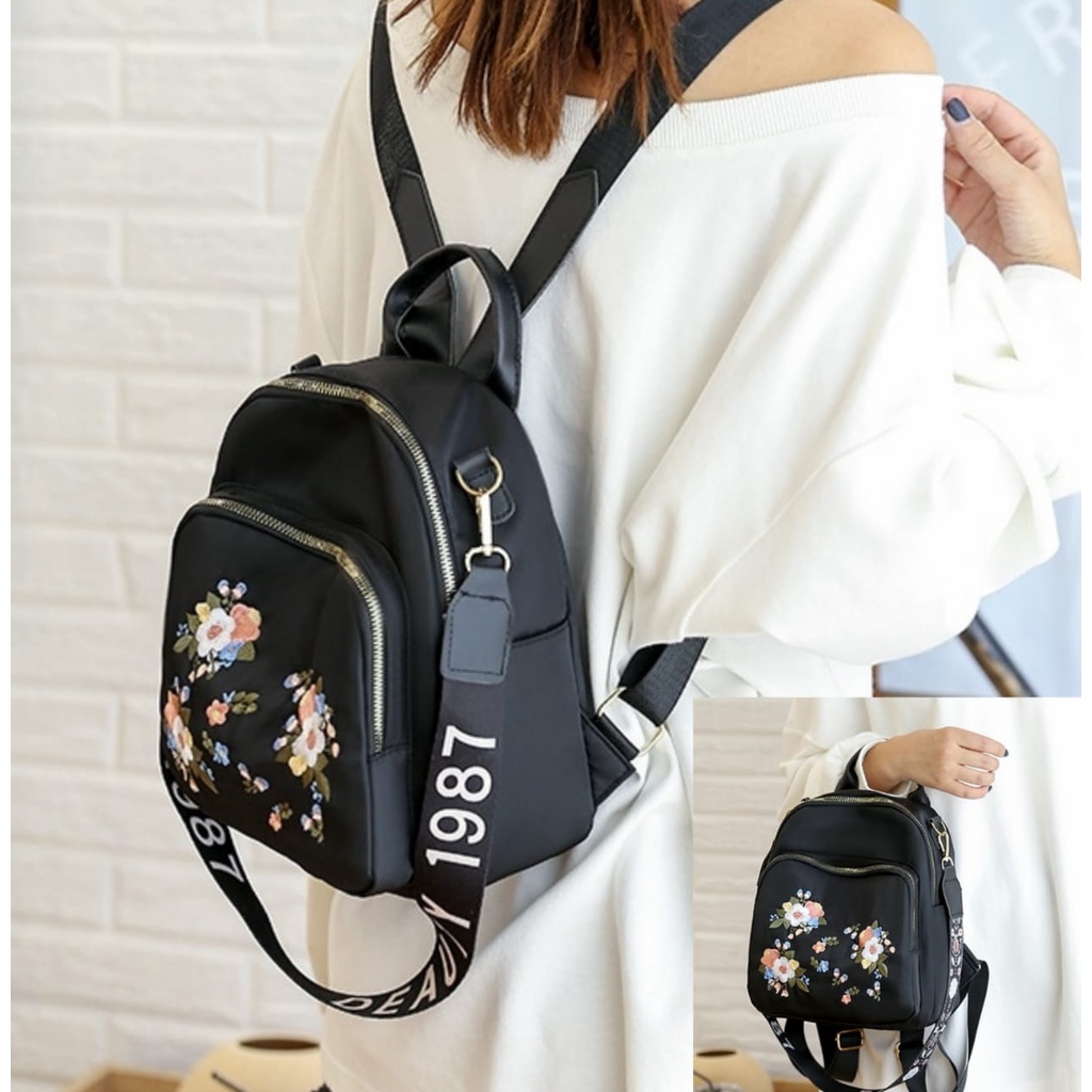 TAS RANSEL WANITA ANTI AIR BACKPACK KOREA HITAM MOTIF BUNGA ASIANA TA319B5 KULIAH IMPORT BATAM MURAH