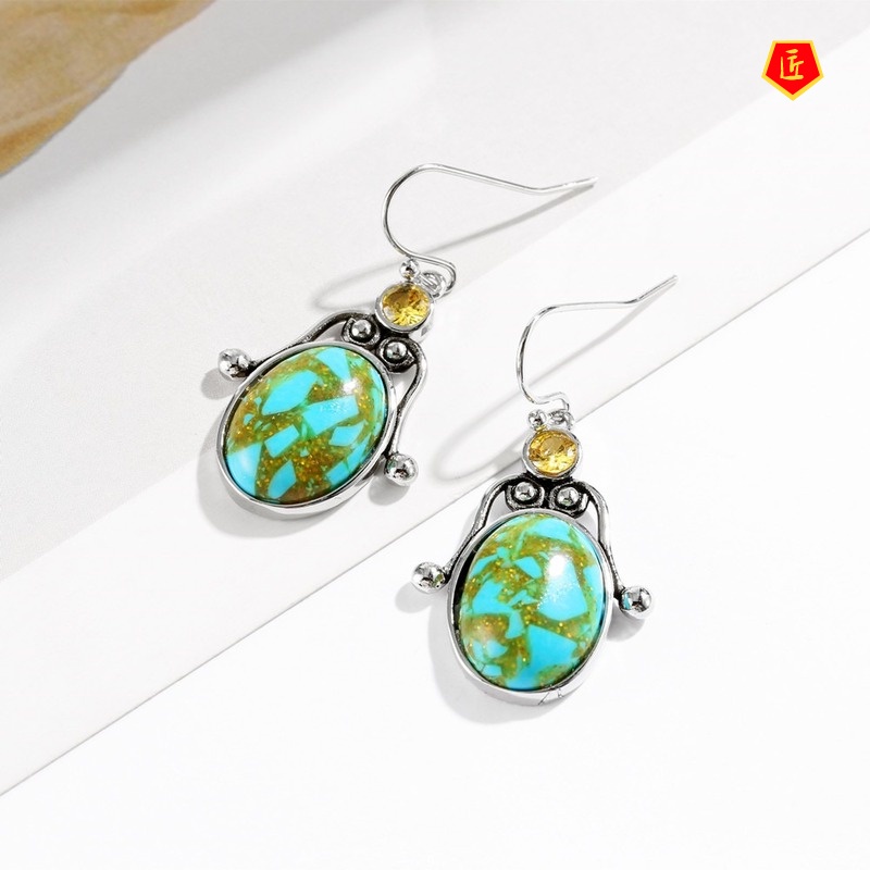 [Ready Stock]Inlaid Yellow Diamond Oval Turquoise Earrings Elegant Graceful