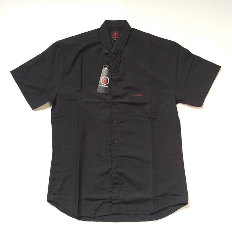 Volcom Kemeja Pria Pendek Polos Hitam Slimfit