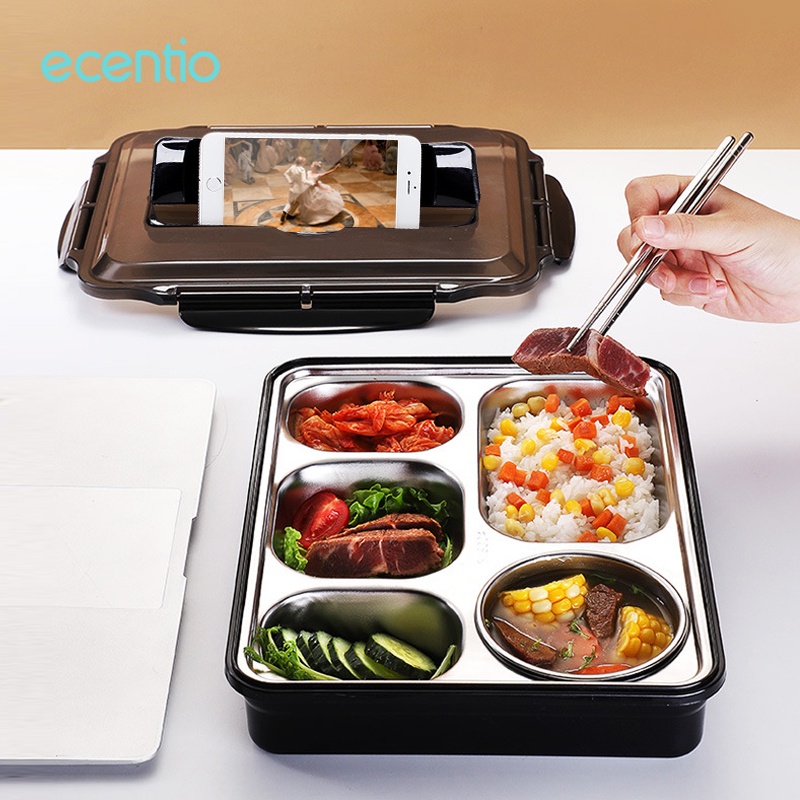 ecentio kotak makan stainless steel 5 grid dengan sendok sumpit gratis berbahan anti tumpah lunch box kotak bento