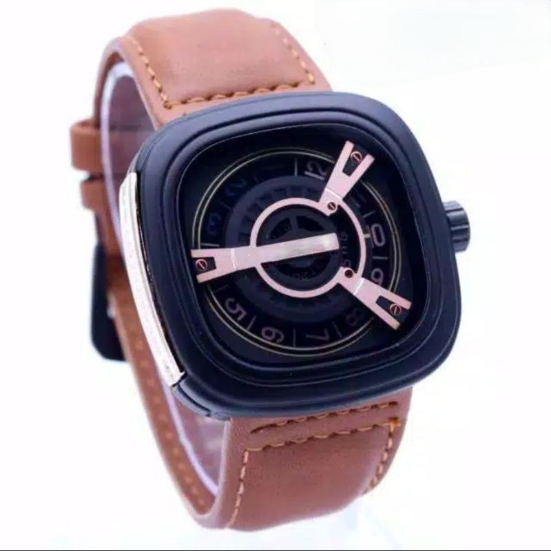 Jam Tangan Pria Sporty Kotak M2 Analog Kulit Case Rose Bisa Cod